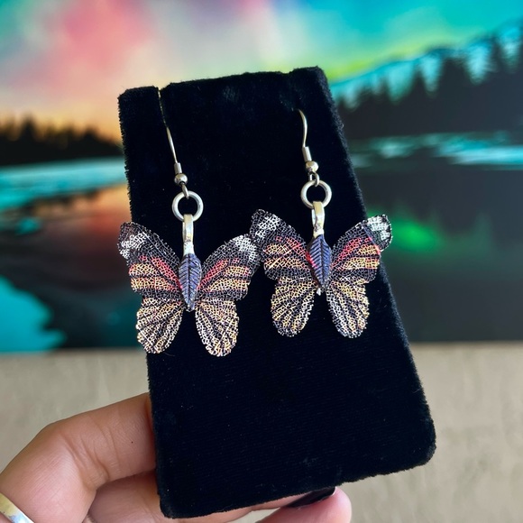 Dangly black and orange Monarch butterfly stainless steel post boho earrings - Picture 8 of 11